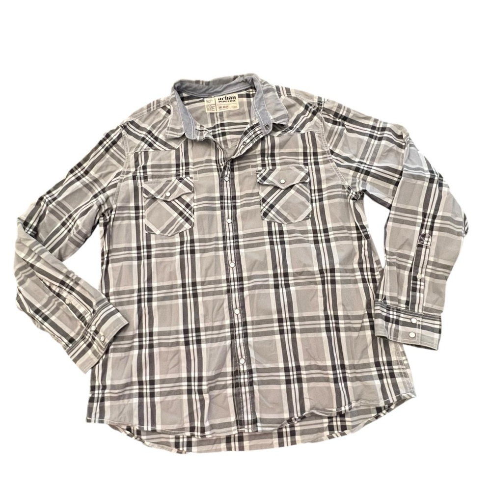 Urban Pipeline Western Snap Up Shirt Men's XXL Gray White Plaid Pearl‎ Cotton